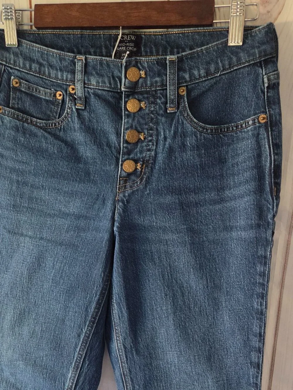 J. Crew Mid-Rise Flare Crop Jeans Women’s 26T, exposed button fly closure